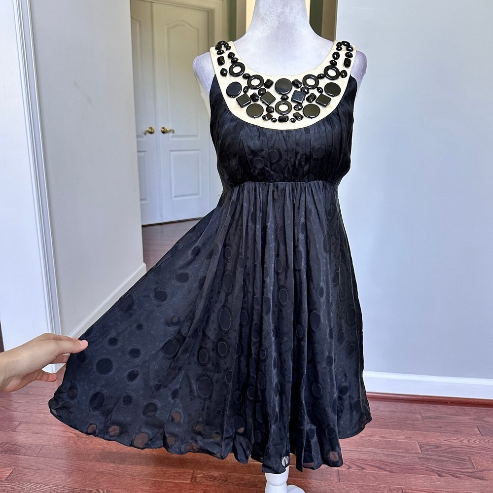 Milly Of New York 100% Silk Black Cream Embossed Polka Dot Cocktail Dress